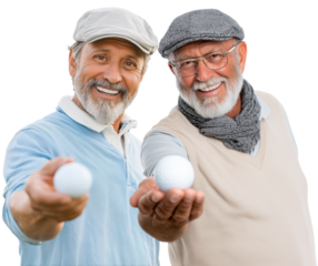 2 spanish beauty senior golfers: 75 year old father and his 55 year old son; both presenting golf balls with a smile, isolated over white (transparent) background