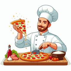 A cartoon illustration of a smiling male chef preparing and arranging grilled skewers on a wooden board with sauce.