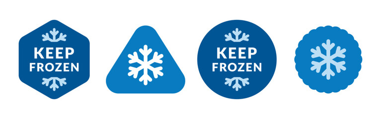 Keep frozen food vector labels. Blue snowflake flat icon symbols collection on geometric shapes for packages, stickers, web, badges, logo, banner, poster.	