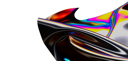 Intriguing abstract composition features a glossy, metallic surface with vibrant rainbow...