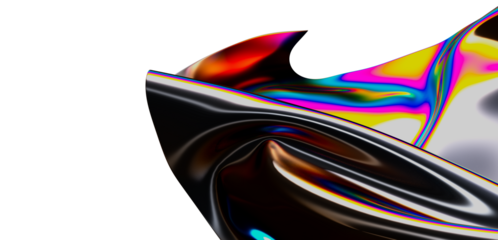 Intriguing abstract composition features a glossy, metallic surface with vibrant rainbow reflections, evoking a sense of movement and futurism.