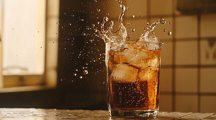 A glass of soda with ice cubes in it is splashing water all over the counter