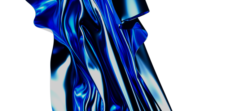 Vibrant and dynamic abstract composition featuring a flowing, glossy blue fabric against a bright white backdrop. Ideal for design and artistic