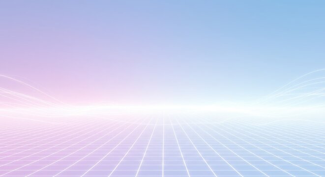 Ethereal digital landscape with glowing grid lines and soft pastel gradients evokes futuristic exploration and infinite possibilities for tech innovation.