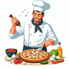 A cartoon illustration of a smiling male chef preparing and arranging grilled skewers on a wooden board with sauce.