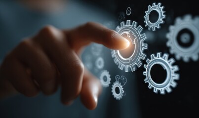 Close-up of hand touching a glowing cogwheel, with others floating in dark space