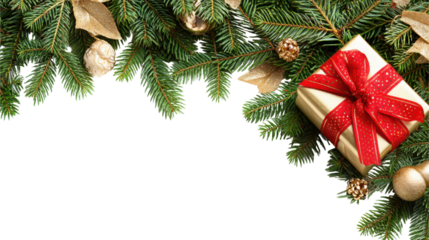 Festive Christmas Gift on Green Pine Branches with Gold Decorations