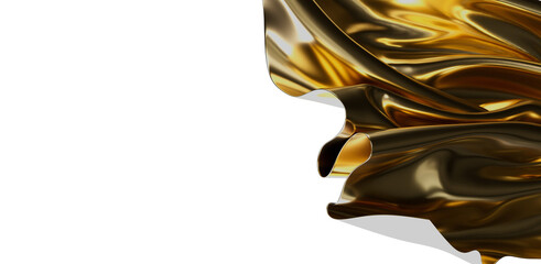 A stunning abstract image featuring elegant gold fabric with flowing waves and glossy texture,...