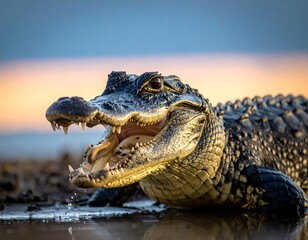Obraz premium A close-up shot captures an alligator's head with open jaws revealing sharp teeth. The reptile is positioned in water and sunlight