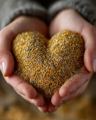 Hands gently holding heart shaped pile of seeds, symbolizing care and nurturing. seeds are small and golden, creating warm and inviting image