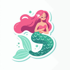 Cute cartoon mermaid with long pink hair and a green tail, eyes closed in a peaceful pose, surrounded by bubbles, in a flat vector illustration style.