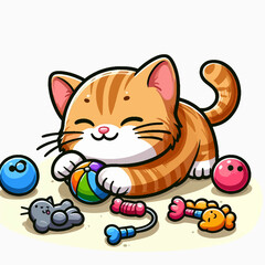 Cartoon illustration of a cute orange tabby cat playing with toys.