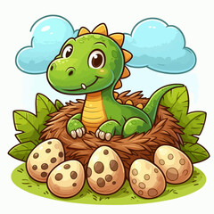 A cute cartoon baby dinosaur sitting in a nest surrounded by spotted eggs.
