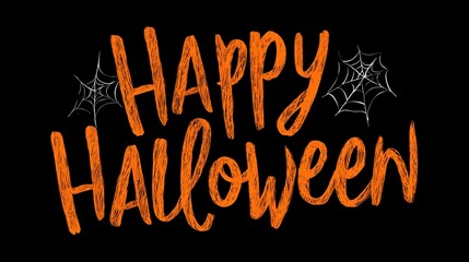 Hand - Drawn Happy Halloween Text with Spider Webs on Black Background for Festive Decor and Greeting Cards