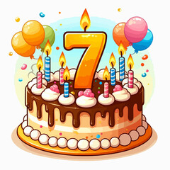 A festive cartoon birthday cake with a large number 7 candle, surrounded by smaller candles and colorful balloons.