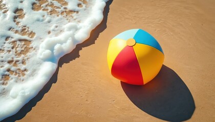 Obraz premium A vibrant multi colored beach ball rests on the warm golden sand. A white foamy ocean wave gently rolls onto the beach. Sunny day for summer holidays, vacation, and play by blue sea shore.