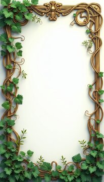Ornate vintage frame with green leaves design. Elegant border with natural foliage elements. Floral decor element for cards invitations. Golden decorative pattern with leaf ornamentation. Background