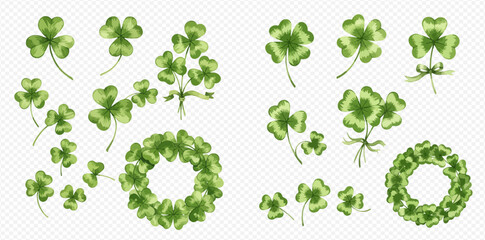 Watercolor illustration set of green clover leaves, including shamrocks, four-leaf clovers, and decorative wreaths, on a transparent background.