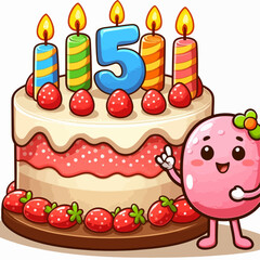 A colorful illustration of a birthday cake with candles and a cute character celebrating a fifth birthday.