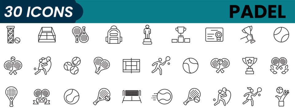 Set of 30 outline icons related to padel. Linear icon collection. Editable stroke. Vector illustration