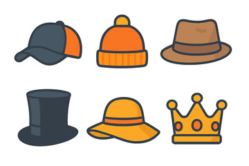 Fototapeta premium Collection of assorted headwear icons including cap, beanie, fedora, top hat, sun hat, and crown