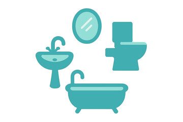 Set of essential bathroom fixtures icons including sink, toilet, mirror, and tub