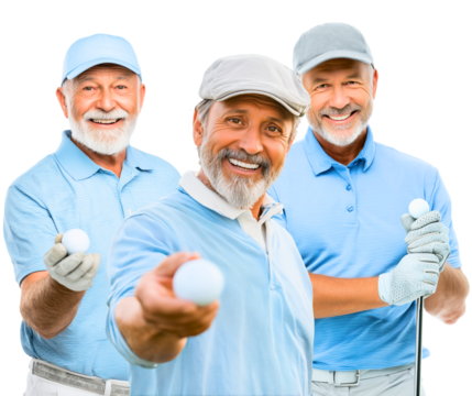 group of 3 friendly senior 55-70 year old golfers in hats and blue shirts holding a golf balls, isolated over white (transparent) background