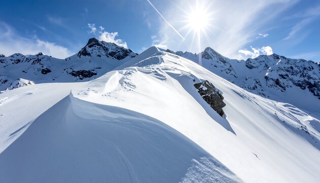 Snowy Mountain Peaks Under Sunny Sky.