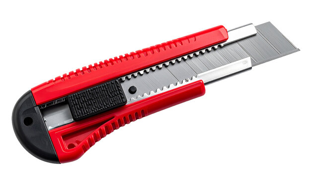 Close-Up of Red Box Cutter with Silver Blade on Transparent PNG