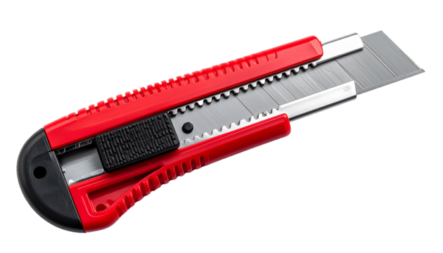 Close-Up of Red Box Cutter with Silver Blade on Transparent PNG