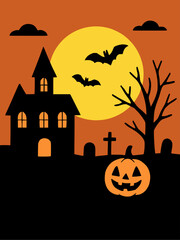 Vector Halloween graveyard scene with haunted castle, scary pumpkin, black bats, creepy tree and big yellow moon