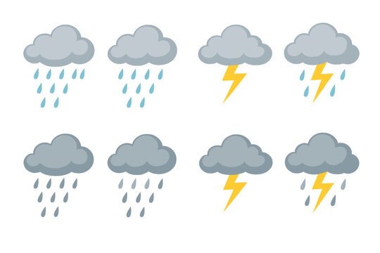 Simple gray clouds icons showing rain and lightning strikes