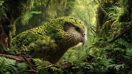 Kakapo parrot in new zealand rainforest nature photography wildlife conservation endangered species parrot image