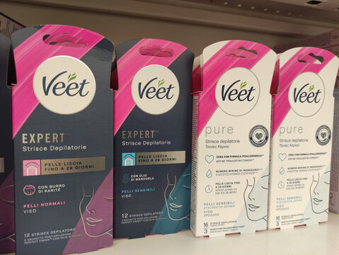 Rome, Italy - October 08, 2025: Veet hair removal products displayed on a retail shelf, showcasing various packaging designs and highlighting the brand's commitment to effective skincare solutions