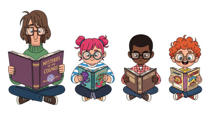 Diverse group of people reading books isolated on transparent background