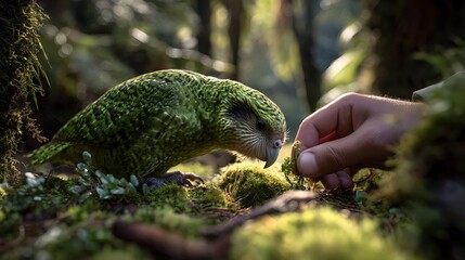 Kākāpō parrot feeding endangered bird new zealand wildlife conservation nature reserve animal care avian