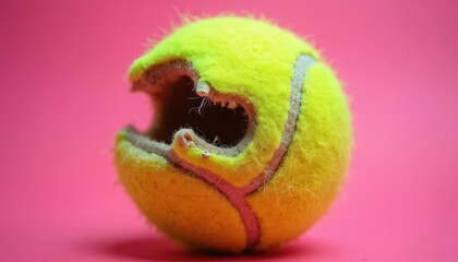 Chewed tennis ball against pink backdrop. Damaged ball shows teeth marks. Playful pet toy design concept. Ideal for pet blogs, social media content about dogs