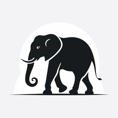 Obraz premium Black silhouette of an elephant walking on a white background with a semi-circular shape.