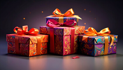 Festive Gift Boxes Stacked Together with Orange Ribbons and Sparkles.