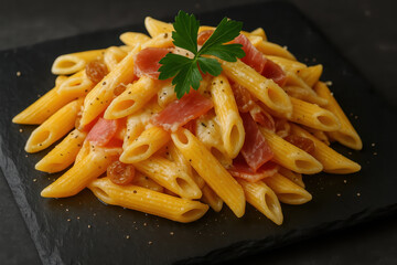 Penne Pasta mit Schinken, Rosinen und K&auml;se