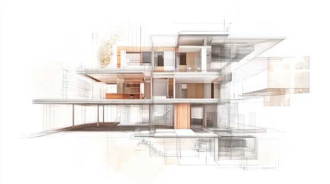 Architectural house design sketch layers on white background for planning, layout, and presentation