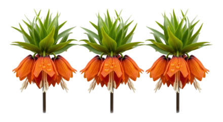 Three identical Fritillaria imperialis flowers with deep orange bell-shaped petals, bright green spiky leaves, white stamens, and glistening water droplets, isolated on a transparent background.