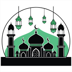 Elegant Islamic Mosque with Lanterns,Ramadan Kareem & Eid Mubarak Vector Design,Ramadan and Eid Mubarak Background,Ramadan and Eid Mubarak Background