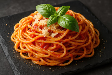 Spaghetti in Tomatensauce mit Parmesan und frischem Basilikum