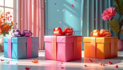 Colorful Gift Boxes with Ribbons and Confetti.