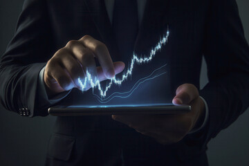 Businessman holding tablet with stock finance candlestick bar chart graph blue glowing floating