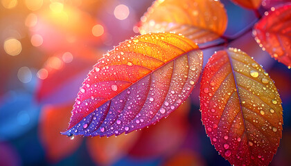 Autumn leaves adorned with water droplets in vibrant colors.