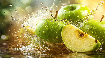 A green apple is sliced and floating in a pool of water