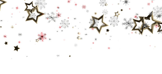 Elegant festive Christmas or New Year background featuring a white backdrop with falling snowflakes and gold stars. Perfect for holiday designs.