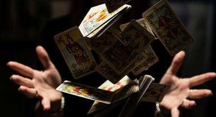 Tarot cards thrown in air with hands visible, captivating scene of tarot card reading. Hands reveal mystical energy as tarot cards spin gracefully,